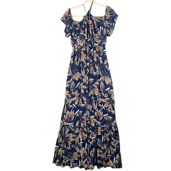Lulus Maxi Dress Small Blue Tropical Floral Off Shoulder Halter Trip to Paradise - Picture 3 of 12